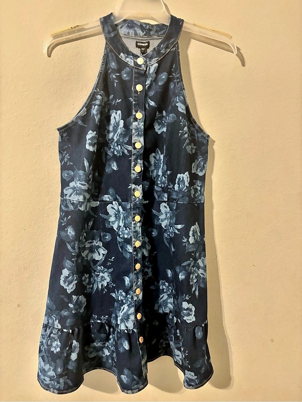 Express Denim Dress Floral Button-Front Midi Dress in Blue Size Large NWT